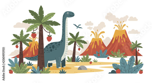 Obraz na płótnie Long-Necked Brontosaurus Dinosaur in Prehistoric Landscape.