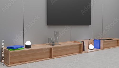 Принти на полотні Modern Media Wall Interior Featuring Large Television Floating Wooden Console De