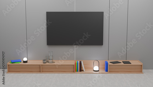 Fotografi Minimalist Entertainment Unit: A sleek, modern entertainment unit crafted from light wood, featuring a wall-mounted television and a collection of books and decorative items