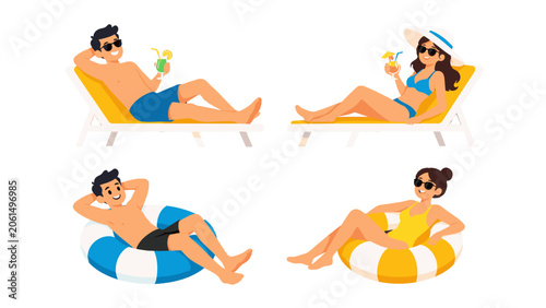Fotografía People relaxing on loungers and swim rings in summer vector set