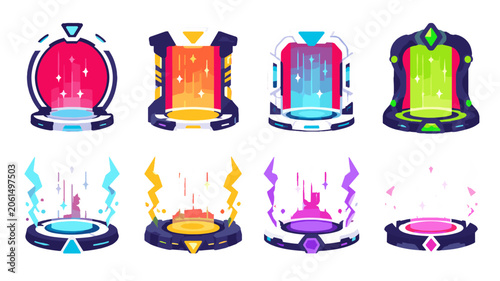 Bilde på lerret Set of futuristic teleport portal platforms in neon colors