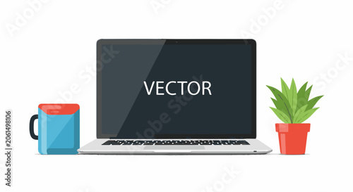 A laptop with a vector graphic on the screen, a mug, and a potted plant