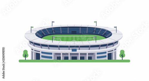 A large white stadium with blue seats and a green soccer field