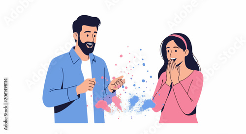 A man and woman interact, surrounded by colorful splatters