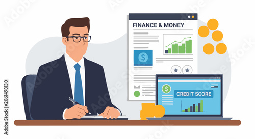 A man in glasses and a suit sits at a desk with a laptop and papers on finance