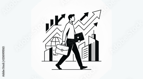 A man walks with briefcase and laptop near graphs
