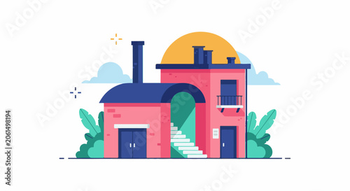 A pink two-story house with blue doors and roof
