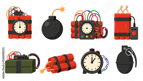 Fotografie Set of explosive devices, bombs, dynamite and timer icons