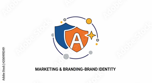 A stylized shield with a white letter on an orange background and a blue section
