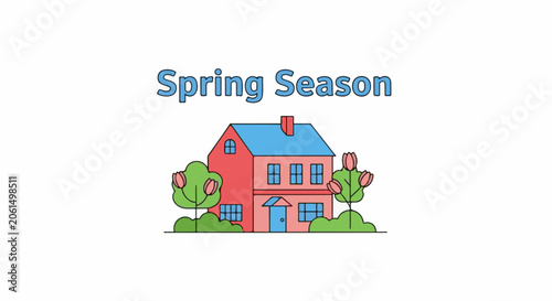 Colorful illustration of a two-story house with blue roof and pink walls surrounded by greenery and tulips in spring