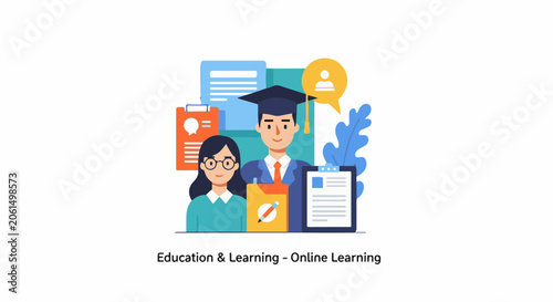 Illustration of a man and woman surrounded by online learning symbols