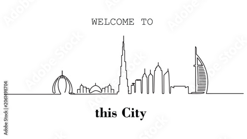 Dubai Skyline Continuous Line Art Welcome to the City Travel Illustration