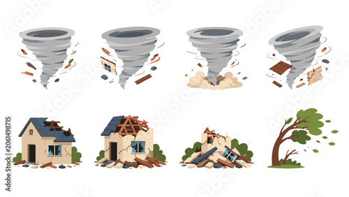 Quadro su tela Set of tornado and storm damage illustrations with ruined house