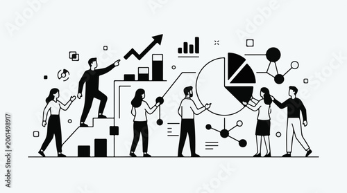 A group of business professionals analyze and discuss growth charts and graphs