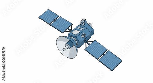 A blue satellite with solar panels and a dish antenna