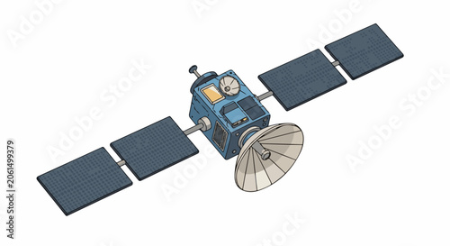 A blue satellite with solar panels and dish antenna