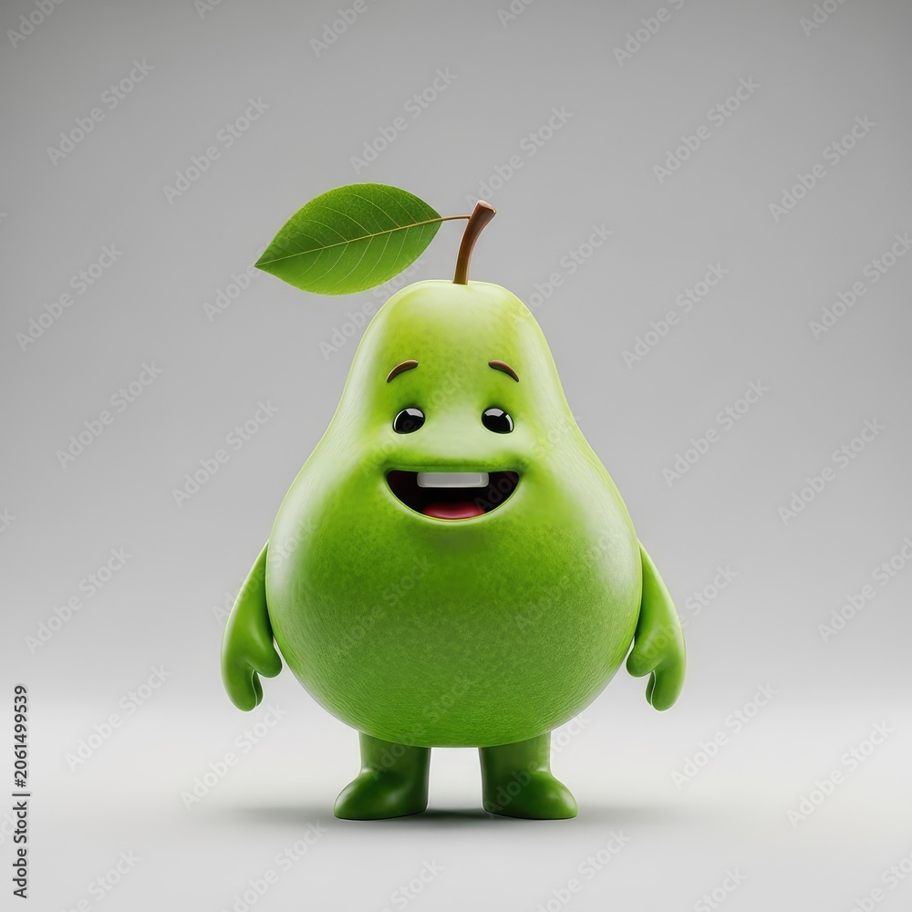 Naklejka premium A charming bright green pear character with a wide happy smile and soft tactile texture, standing in a cheerful pose on a neutral studio, creative, cartoon, smile