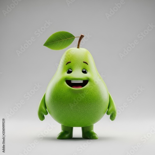 A charming bright green pear character with a wide happy smile and soft tactile texture, standing in a cheerful pose on a neutral studio, creative, cartoon, smile