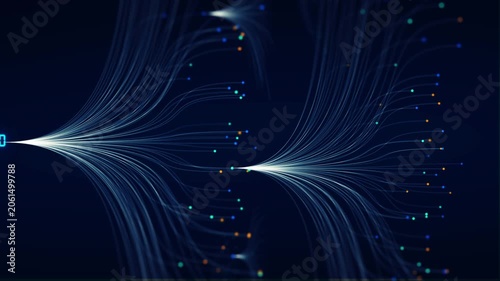 Abstract AI neural network and fiber optic data connection background representing big data technology flow, digital cloud computing, machine learning algorithm, and global information tech.