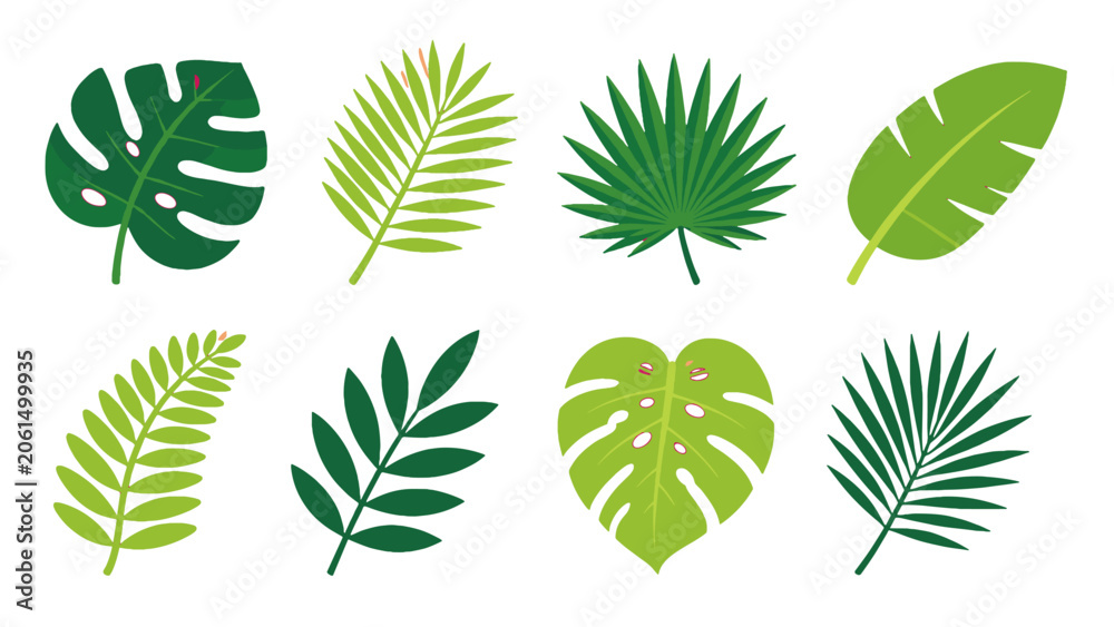 Obraz premium Set of tropical green leaves in flat vector style