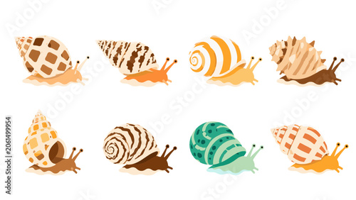 Foto Set of colorful sea snail shells with mollusks in flat vector style
