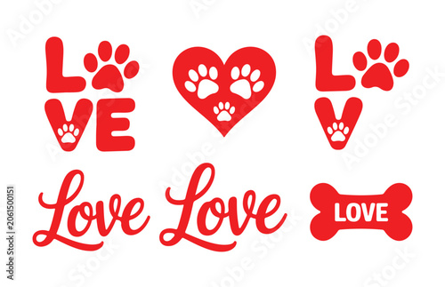 Red love themed vector designs with dog paw prints and bone shapes on transparent background file.
