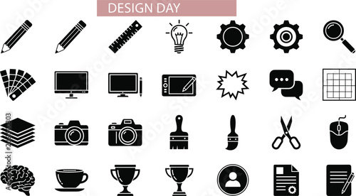 Design day vector collection of flat glyph icons for creative professional artist studio project work