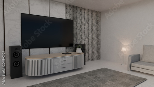 Luxury Home Theater Interior Featuring Large Television Premium Audio System Contemporary Media Console Textured Feature Wall And Sophisticated Entertainment Space Design