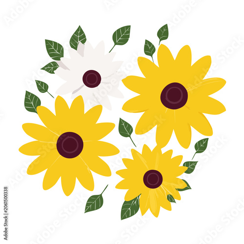 Flat design vector of sunflowers with leaves