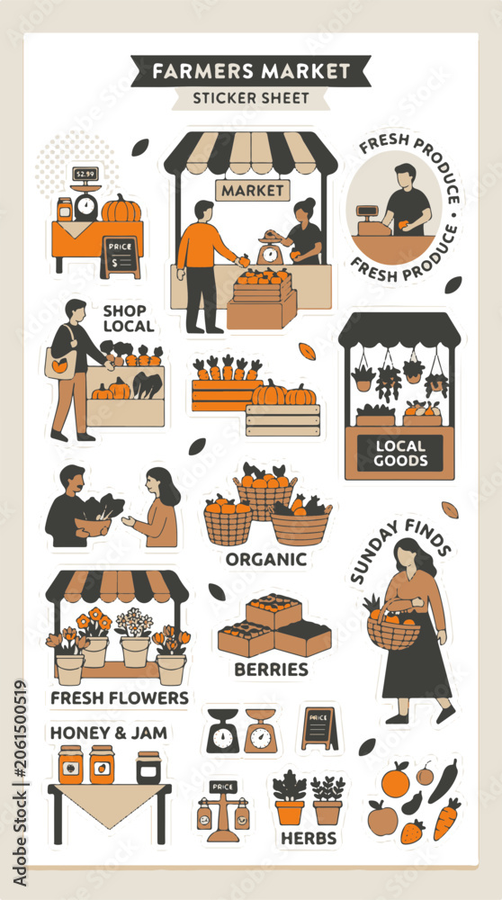 Fototapeta premium Farmer Market Sticker Sheet Illustration Celebrating Fresh Produce and Local Goods