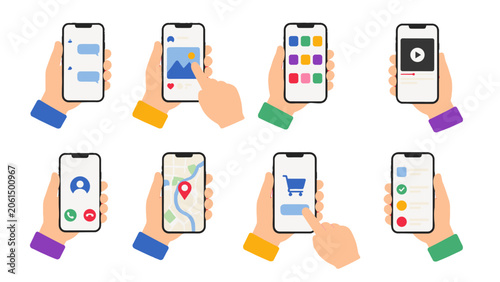 Quadro su tela Set of hands holding smartphones with different app screens