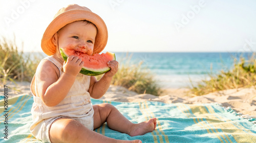 Baby happily eating watermelon slice on beach during summer  