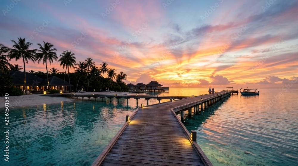 Obraz premium Luxury Tropical Island Resort Wooden Pier at Colorful Sunset Over Crystal Clear Lagoon