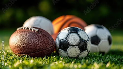 A close-up of various sports balls including a football, soccer balls, and a basketball resting on grass in natural light.