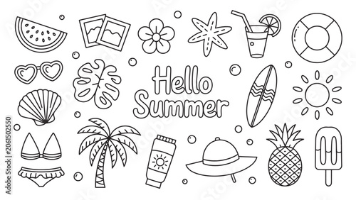 Hello Summer Hand Drawn Doodle Icons Set Coloring Page Tropical Beach Elements Line Art