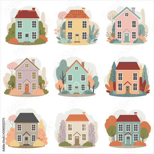 Nine distinct suburban house designs with colorful facades and lush surroundings in flat vector graphic style for architectural and real estate visualization