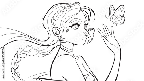 Elegant Woman Line Art Coloring Page with Butterfly and Flowing Hair Profile Illustration