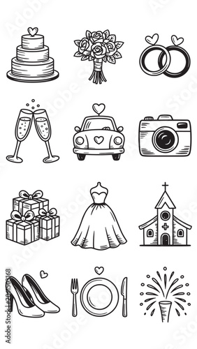 Hand Drawn Wedding Doodle Icons Set with Cake Rings Bouquet Dress and Celebration Symbols