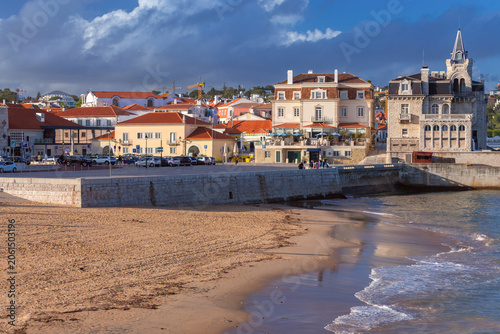Historic Santa Marta Waterfront Building and Modern Skyline in Cascais Portugal