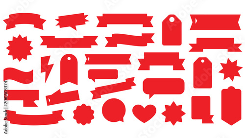Red Graphic Design Elements Set with Banners Tags Badges Arrows and Speech Bubbles Isolated