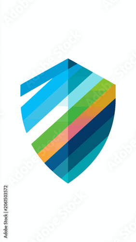 A colorful shield with diagonal stripes.