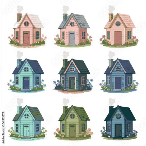 Set of nine cozy cottage style houses with smoking chimneys and flower gardens in flat vector illustration for home and real estate creative projects