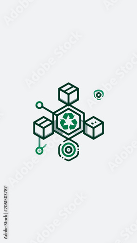 Green graphic design with cubes and symbols.