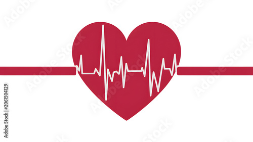 Heartbeat Line Medical Love Concept with Red Heart and ECG Graph on White Background