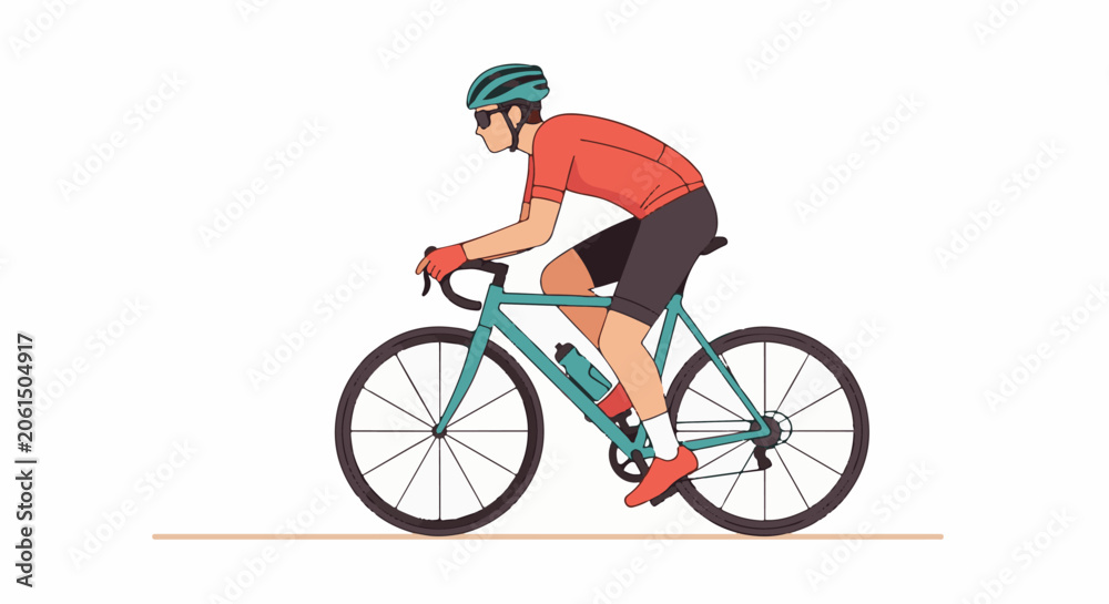 Fototapeta premium Colorful cyclist rides teal bicycle on road