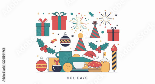 Colorful holiday-themed illustration of gifts, decorations, and treats