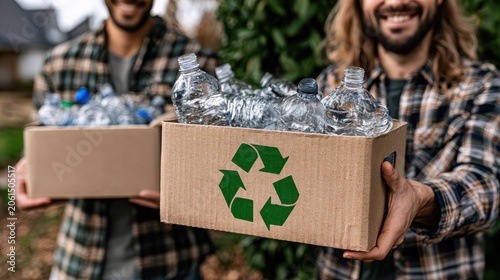 Two men holding cardboard boxes filled with crushed plastic bottles, promoting recycling and environmental awareness outdoors.