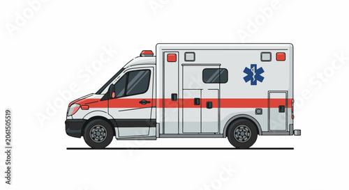 Illustration of a white ambulance with red stripe and blue star