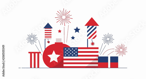 Illustration of American flag and fireworks on white background