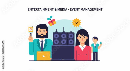 Illustration of people managing an event with media and entertainment elements